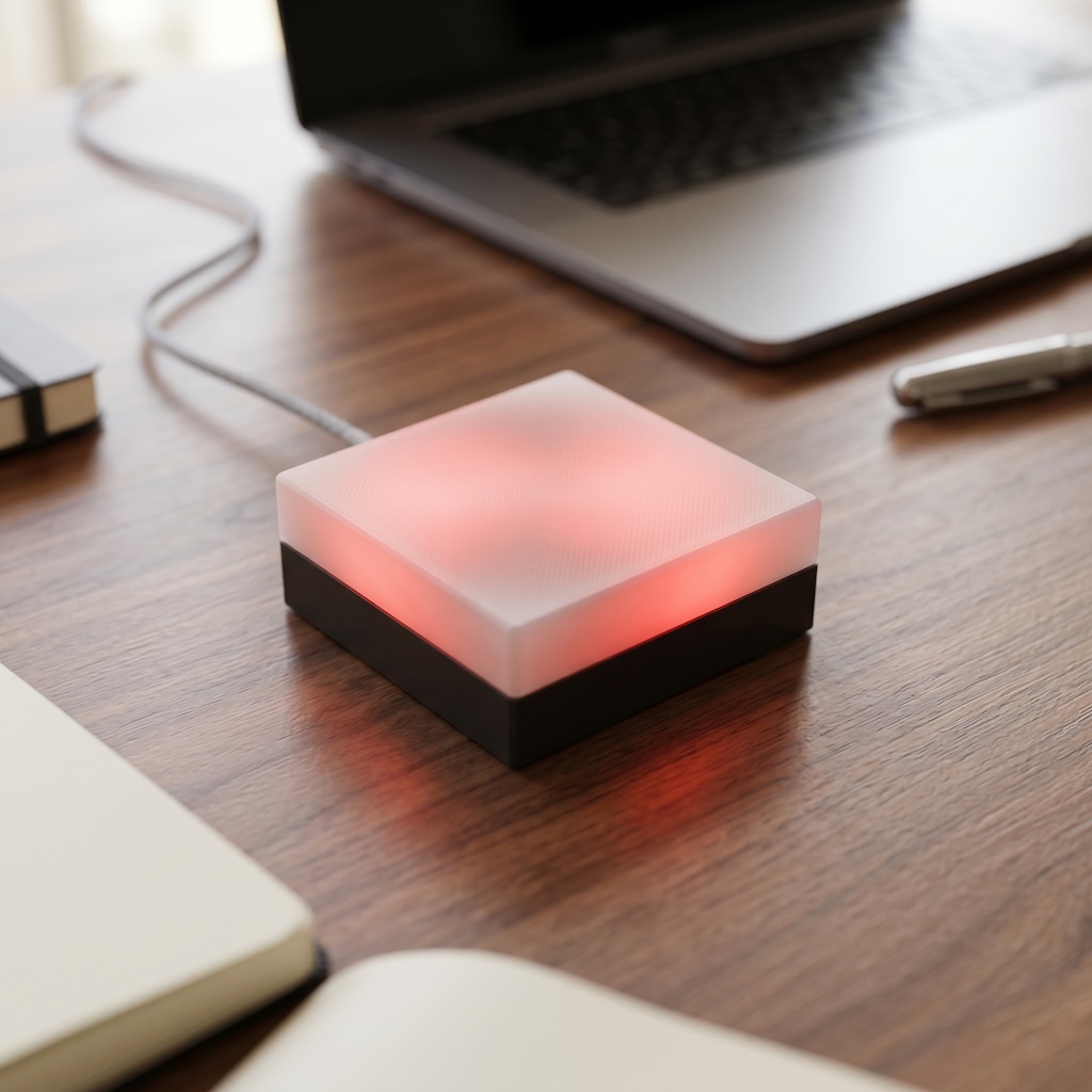 Genie: a small frosted lamp glowing warm red on a wooden desk beside a laptop, pen and notebook